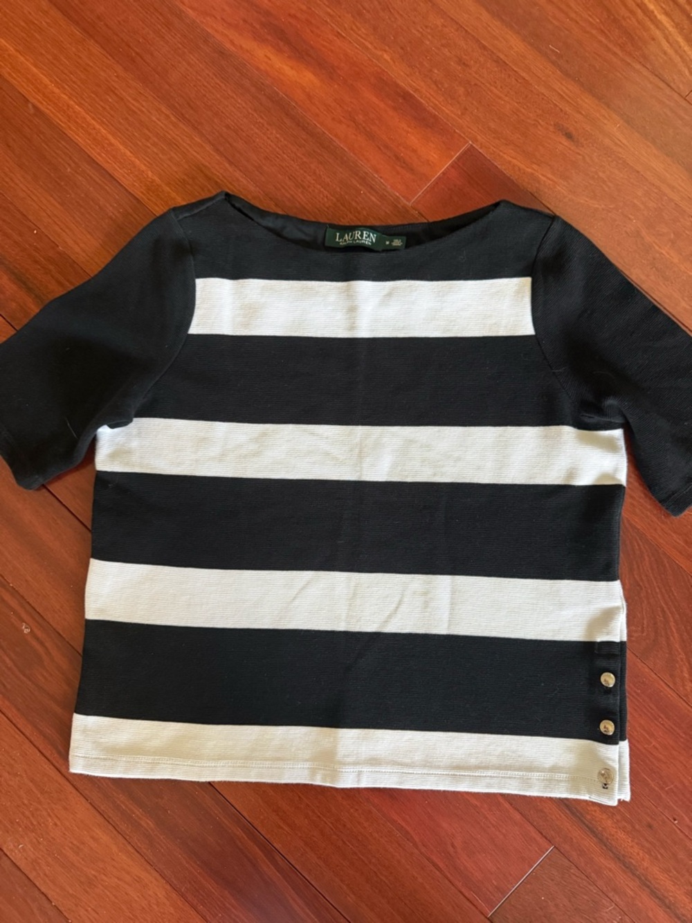 Lauren Ralph SZ M Block Stripe Navy And White Short Sleeves Button Detail